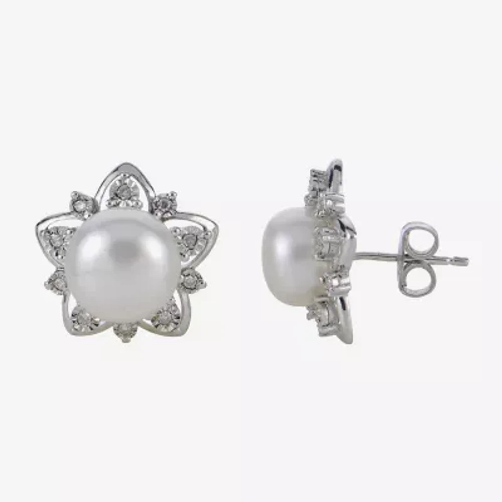8-9Mm Cultured Freshwater Button Pearl And Diamond Accent Sterling Silver Earrings