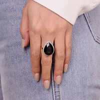 Womens Genuine Black Onyx Sterling Silver Pear Halo Cocktail Ring