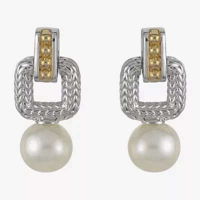 White Cultured Freshwater Pearl 14K Two Tone Gold Over Silver Drop Earrings