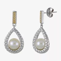 White Cultured Freshwater Pearl 14K Two Tone Gold Over Silver Drop Earrings