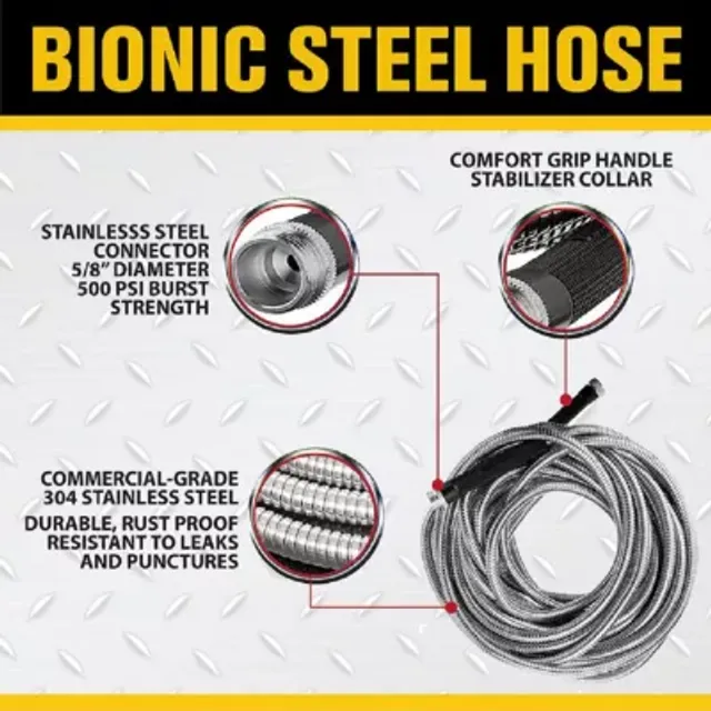 Bionic Steel Pro 100 Foot 304 Stainless Steel Metal Garden Hose with Brass  Nozzle, Crush Resistant