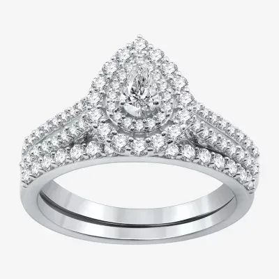 I Said Yes (H-I / I1) Womens 1 CT. T.W. Lab Grown White Diamond Sterling Silver Pear Side Stone Halo Bridal Set