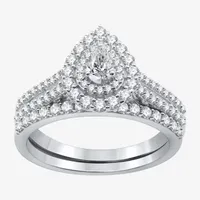 I Said Yes (H-I / I1) Womens 1 CT. T.W. Lab Grown White Diamond Sterling Silver Pear Side Stone Halo Bridal Set