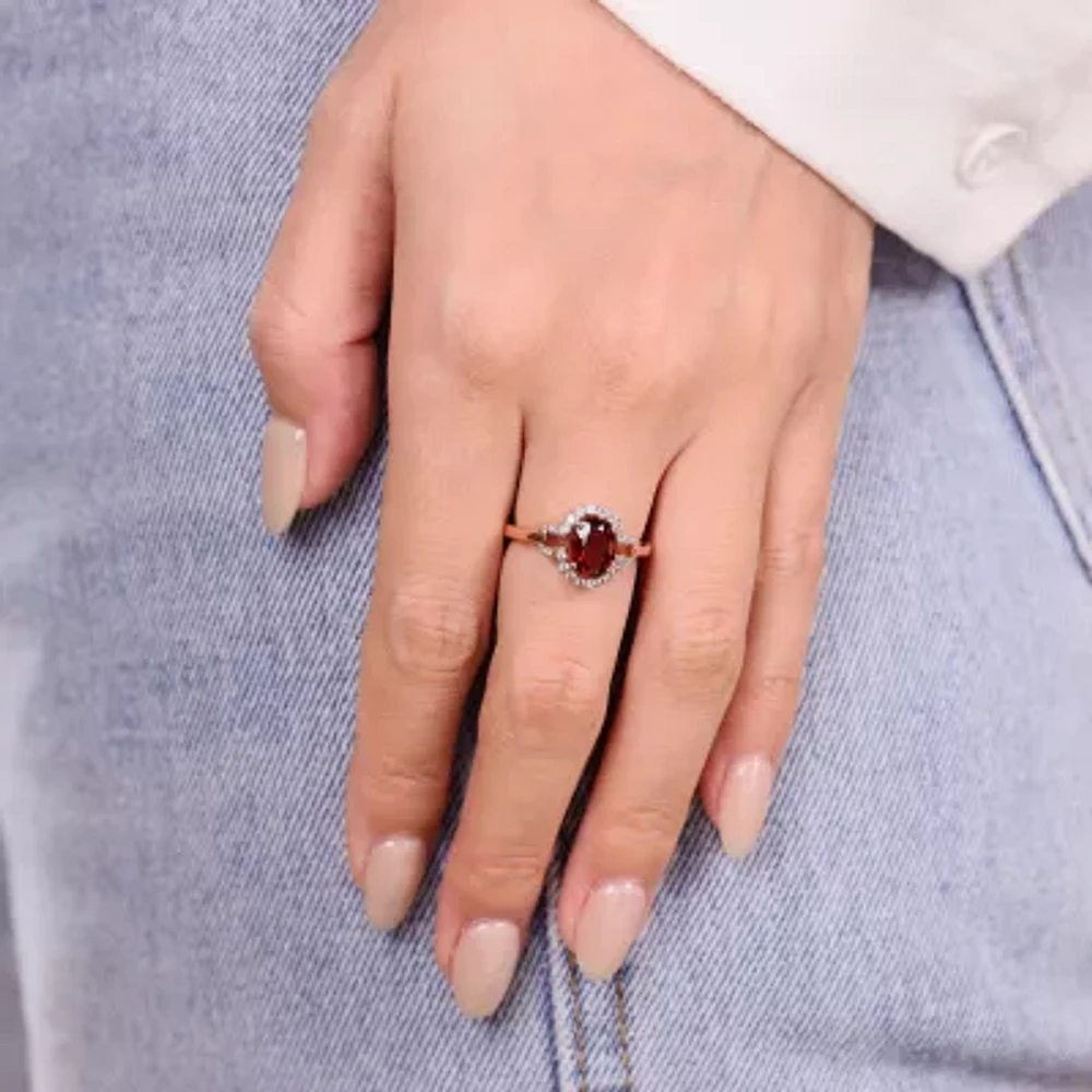 Womens Genuine Red Garnet 14K Rose Gold Over Silver Halo Cocktail Ring