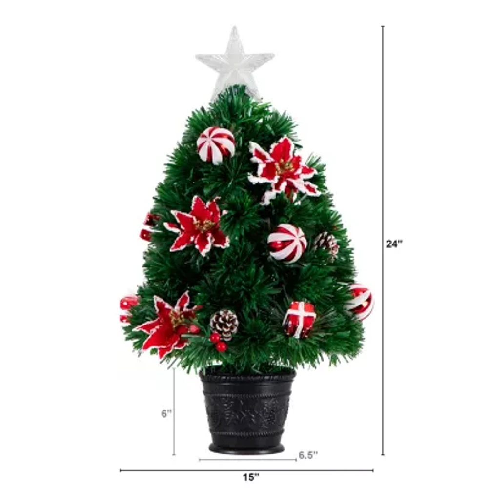 Nearly Natural Pre-Lit Fiber Optic Ornaments Poinsettia And Star Topper 2 Foot Christmas Tree