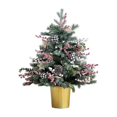 Nearly Natural Pre-Lit Artificial Snow Covered In Golden Planter With 80 Color Changing Led Lights 3 Foot Christmas Tree