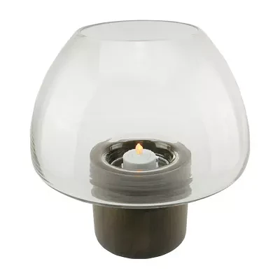 9.75'' Transparent Glass Pillar Candle Holder with Wooden Base