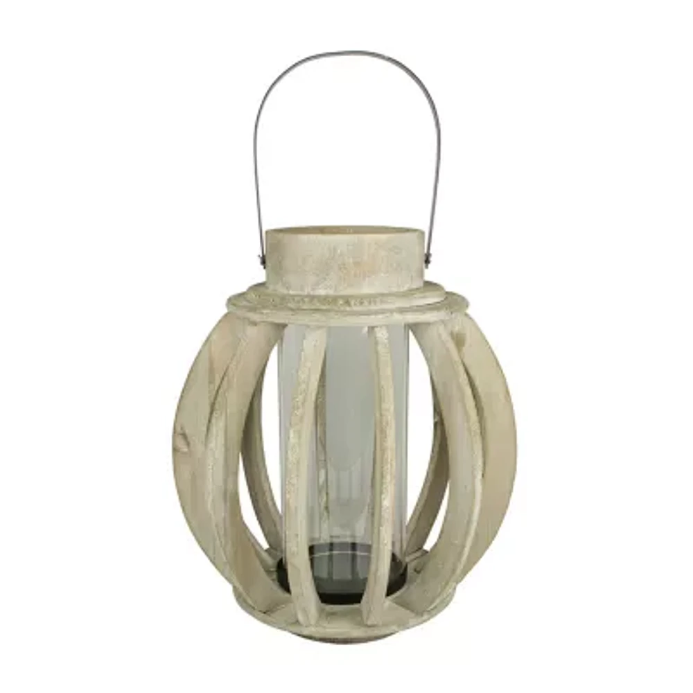 14.75'' Seaside Treasures Rustic Chic Drift Wood Sphere and Glass Hurricane Pillar Candle Lantern