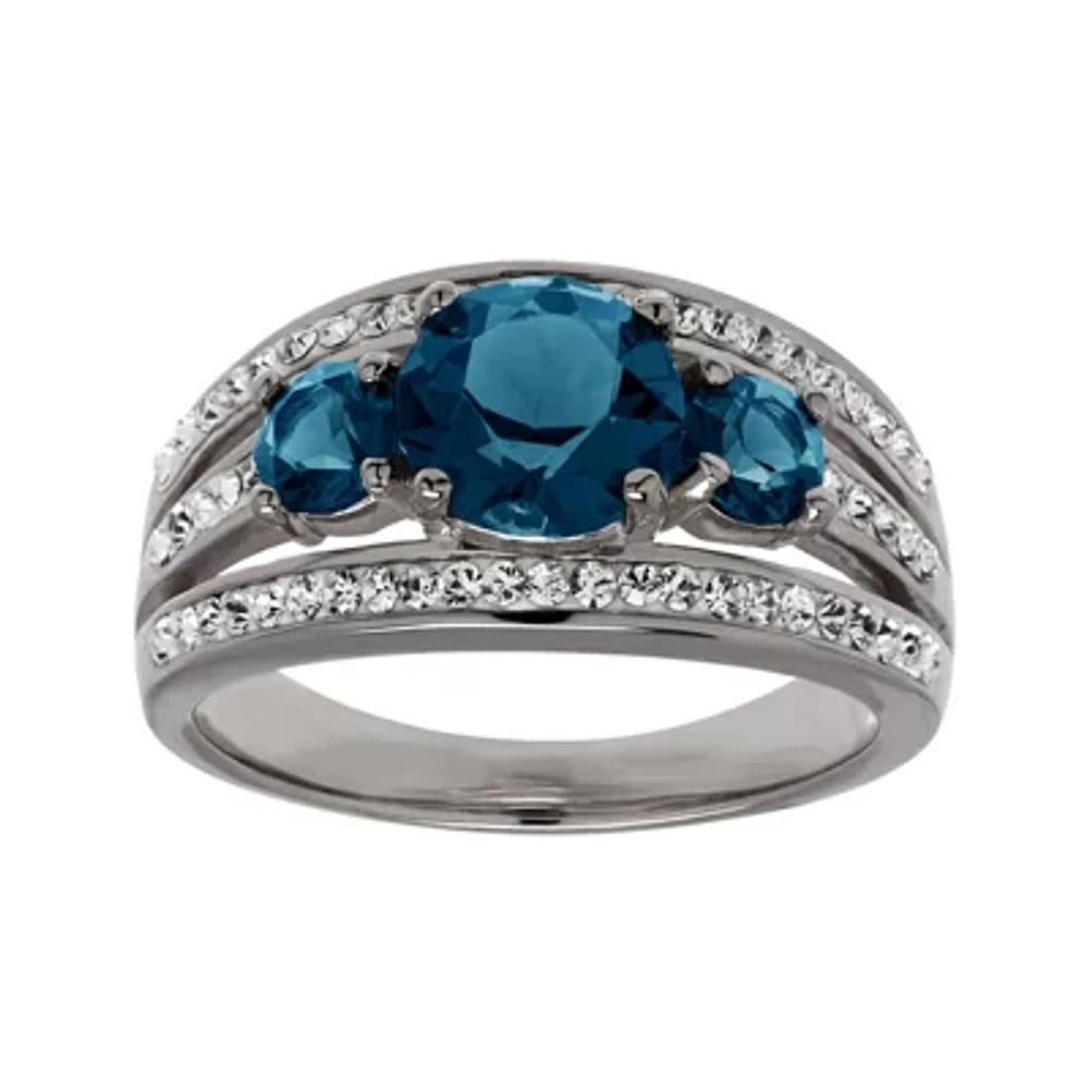 Blue and White Crystal Sterling Silver 3-Stone Ring