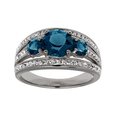 Blue and White Crystal Sterling Silver 3-Stone Ring