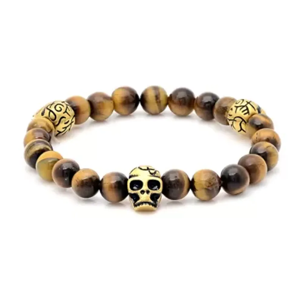 Multi Color Tiger's Eye 18K Gold Stainless Steel Skull Beaded Bracelet