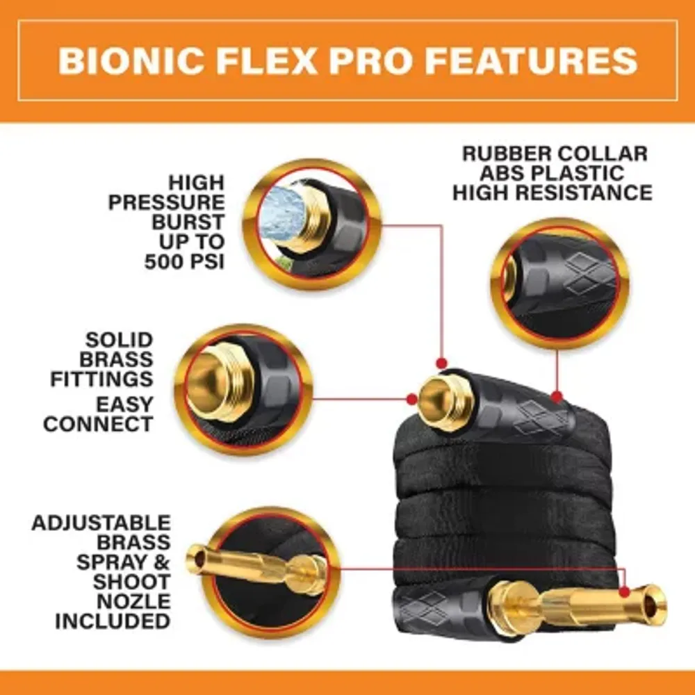 Bionic Flex Pro Ultra Durable and Lightweight 50 Foot Garden Water Hose with Adjustable Brass Spraying and Shooting Nozzle