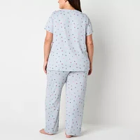 Jaclyn Womens Plus V-Neck Short Sleeve 2-pc. Pant Pajama Set