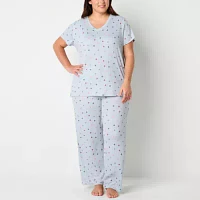 Jaclyn Womens Plus V-Neck Short Sleeve 2-pc. Pant Pajama Set