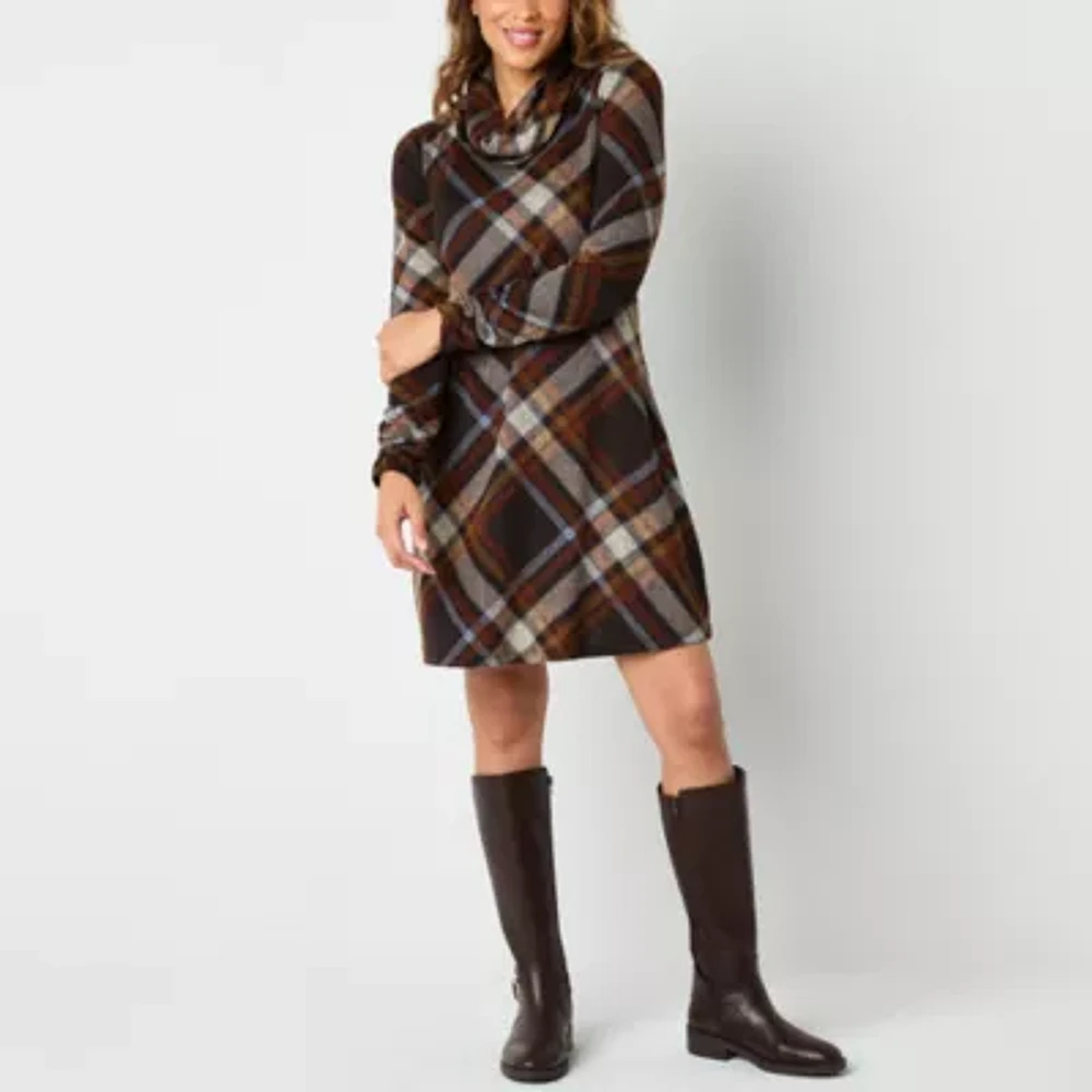 R & K Originals Womens Long Sleeve Plaid Shift Dress