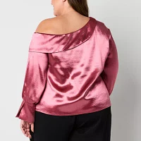 Worthington Plus Womens Asymmetrical Neck Long Sleeve Satin Blouse