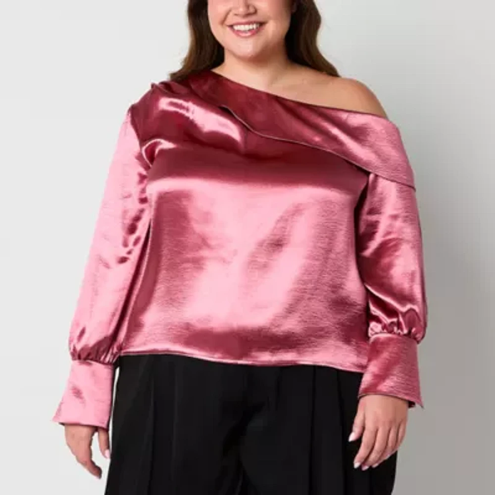 Worthington Plus Womens Asymmetrical Neck Long Sleeve Satin Blouse