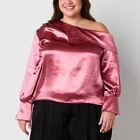 Worthington Plus Womens Asymmetrical Neck Long Sleeve Satin Blouse