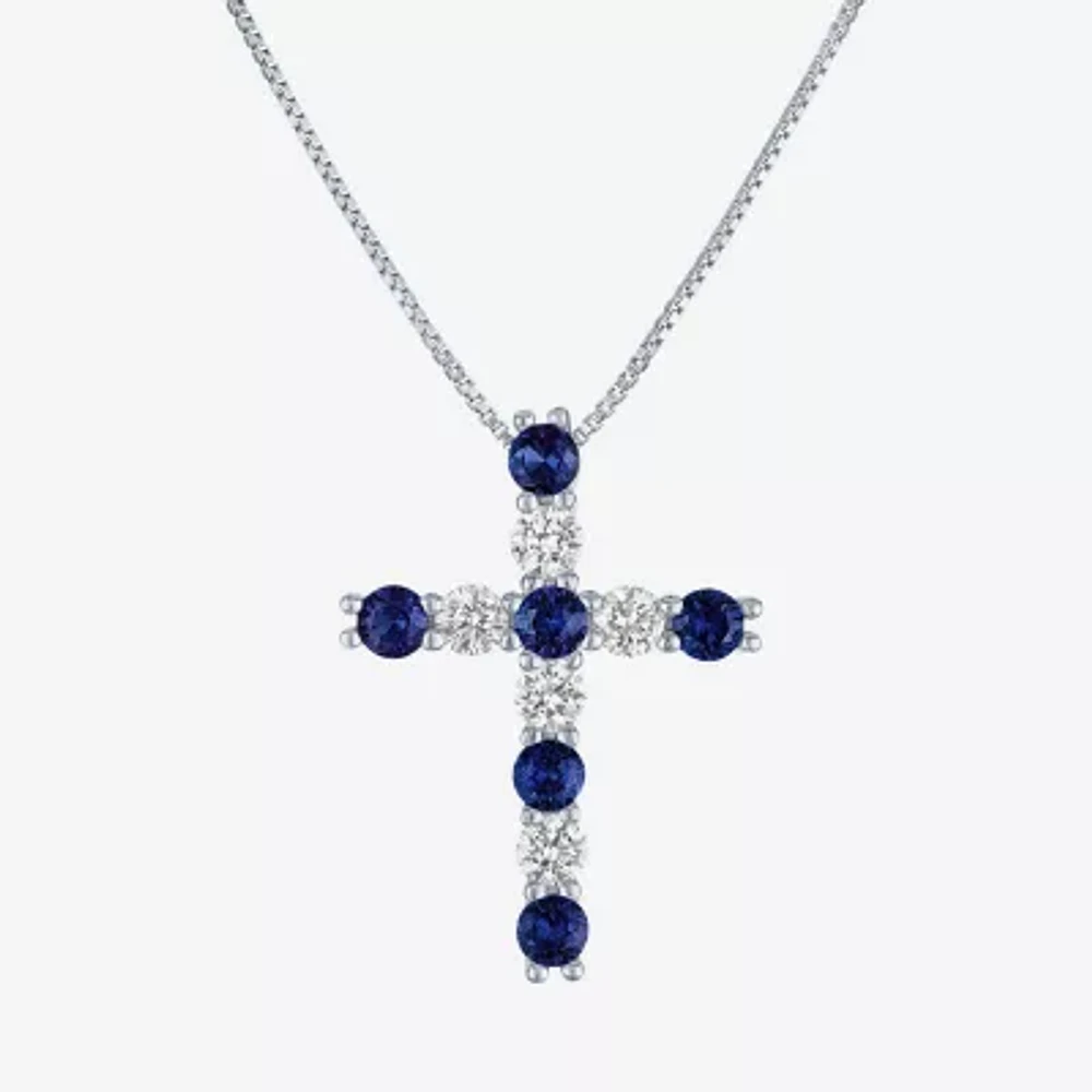 Womens Lab Created Blue Sapphire Sterling Silver Cross Pendant Necklace