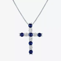 Womens Lab Created Sapphire Sterling Silver Cross Pendant Necklace