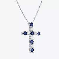 Womens Lab Created Sapphire Sterling Silver Cross Pendant Necklace