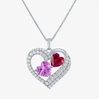 Womens Lab Created Amethyst or Ruby Sterling Silver Heart Pendant Necklace