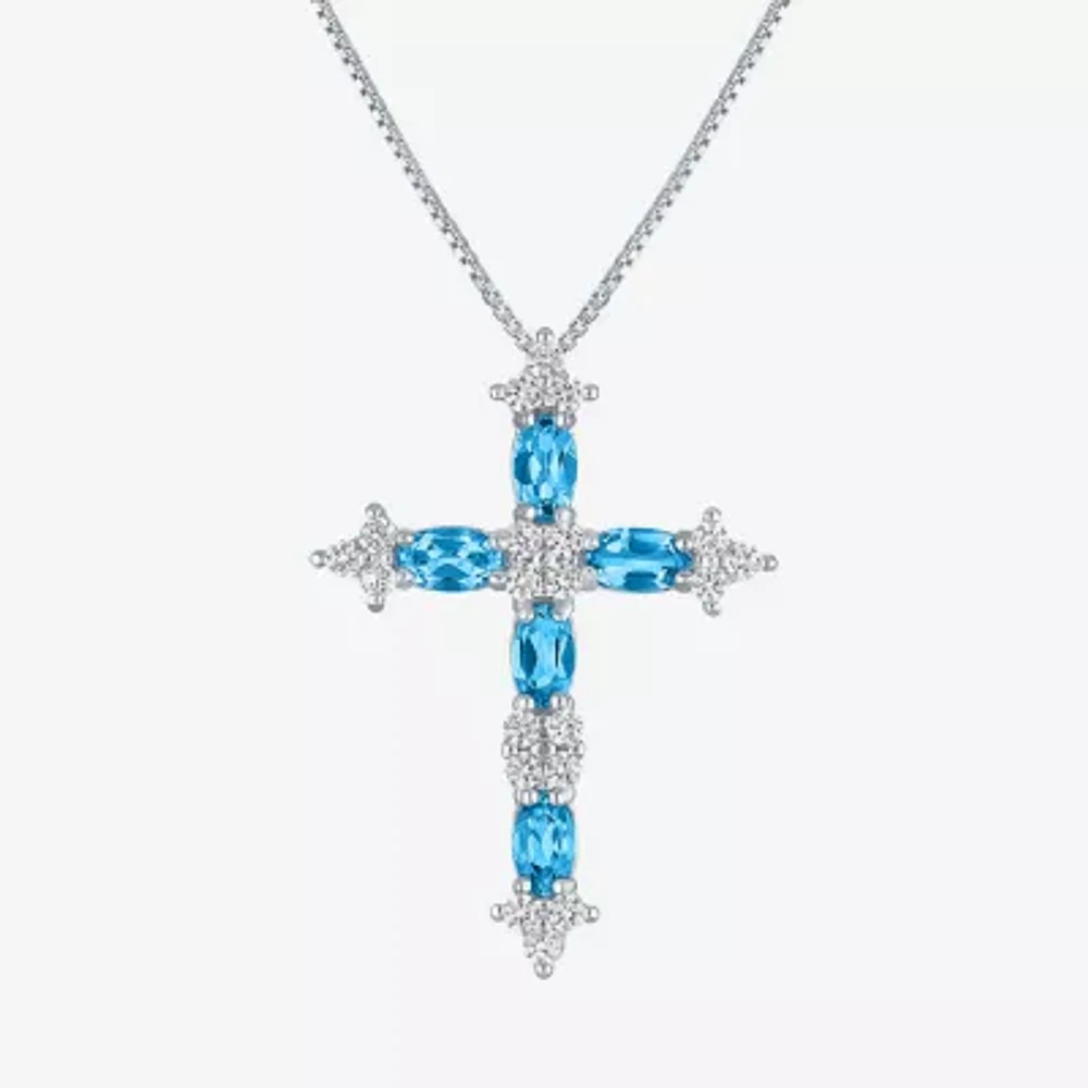 Womens Lab Created Blue Topaz Sterling Silver Cross Pendant Necklace