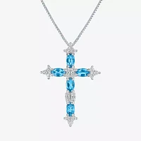 Womens Lab Created Blue Topaz Sterling Silver Cross Pendant Necklace