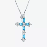 Womens Lab Created Blue Topaz Sterling Silver Cross Pendant Necklace