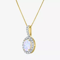 Womens Diamond Accent Lab Created White Opal 10K Gold Oval Pendant Necklace