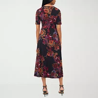 MSK Womens Short Sleeve Floral Midi Fit + Flare Dress