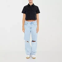 Forever 21 Juniors Cropped Woven Womens Short Sleeve Button-Down Shirt