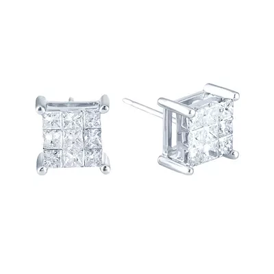 1 CT.T.W. Natural Princess Natural Diamond Stud Earrings