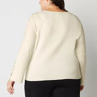 Liz Claiborne Plus Womens Square Neck Long Sleeve Pullover Sweater