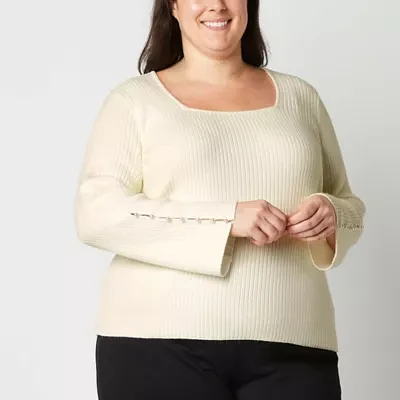 Liz Claiborne Plus Womens Square Neck Long Sleeve Pullover Sweater