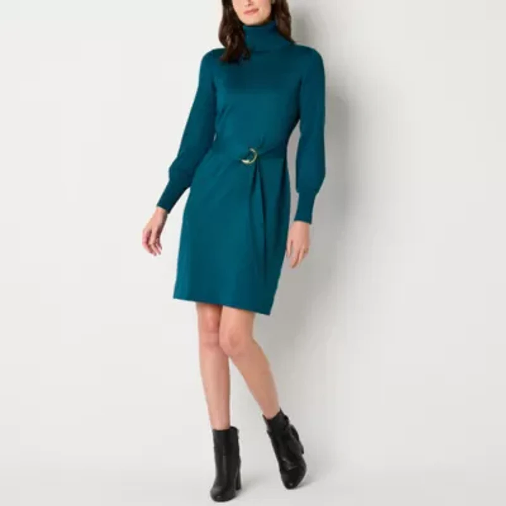 Maia Womens Long Sleeve Belted Sweater Dress