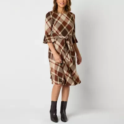 R & K Originals Womens 3/4 Sleeve Plaid Fit + Flare Dress