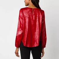 Liz Claiborne Womens Round Neck Long Sleeve Satin Blouse