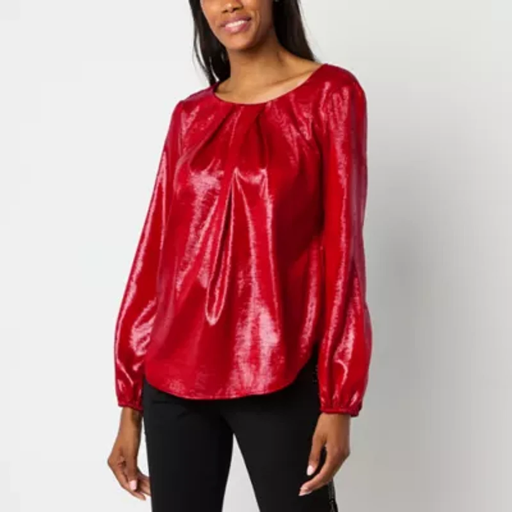 Liz Claiborne Womens Round Neck Long Sleeve Satin Blouse