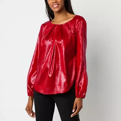 Liz Claiborne Womens Round Neck Long Sleeve Satin Blouse