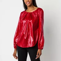 Liz Claiborne Womens Round Neck Long Sleeve Satin Blouse