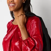 Liz Claiborne Womens Round Neck Long Sleeve Satin Blouse