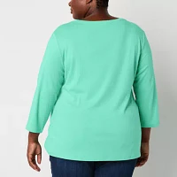 St. John's Bay Womens Plus V Neck 3/4 Sleeve T-Shirt
