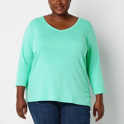 St. John's Bay Womens Plus V Neck 3/4 Sleeve T-Shirt