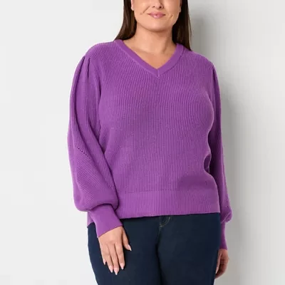 Liz Claiborne Plus Womens V Neck Long Sleeve Pullover Sweater