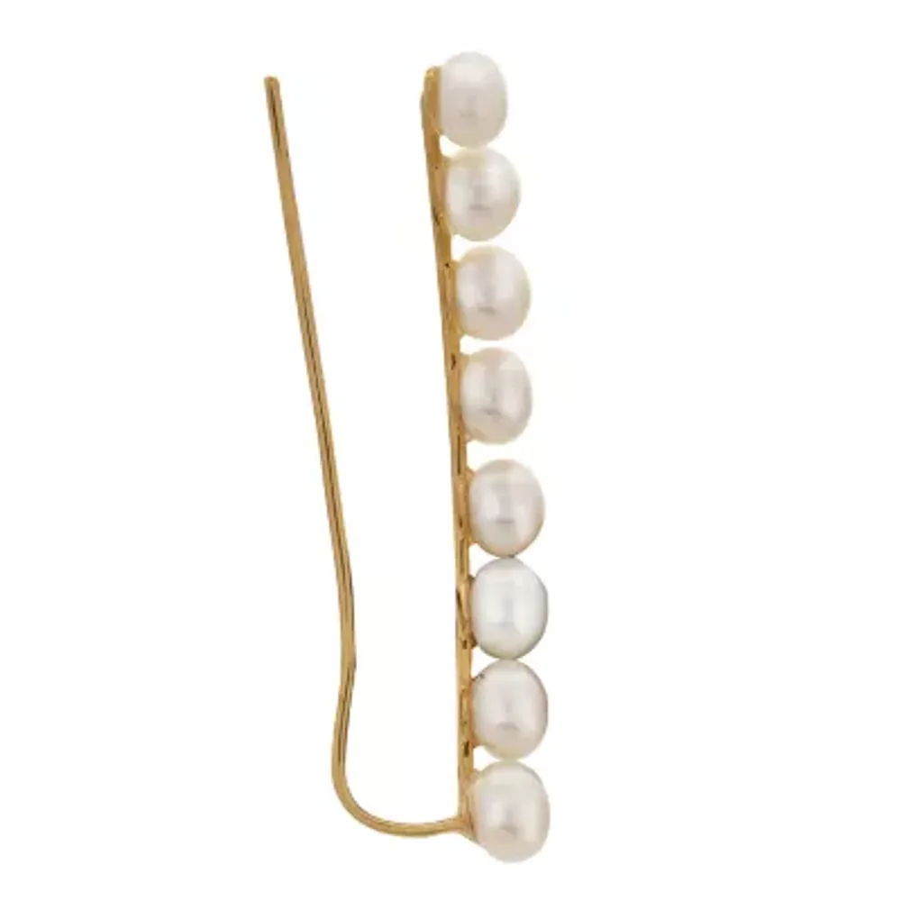 White Cultured Freshwater Pearl 10K Gold Ear Climbers