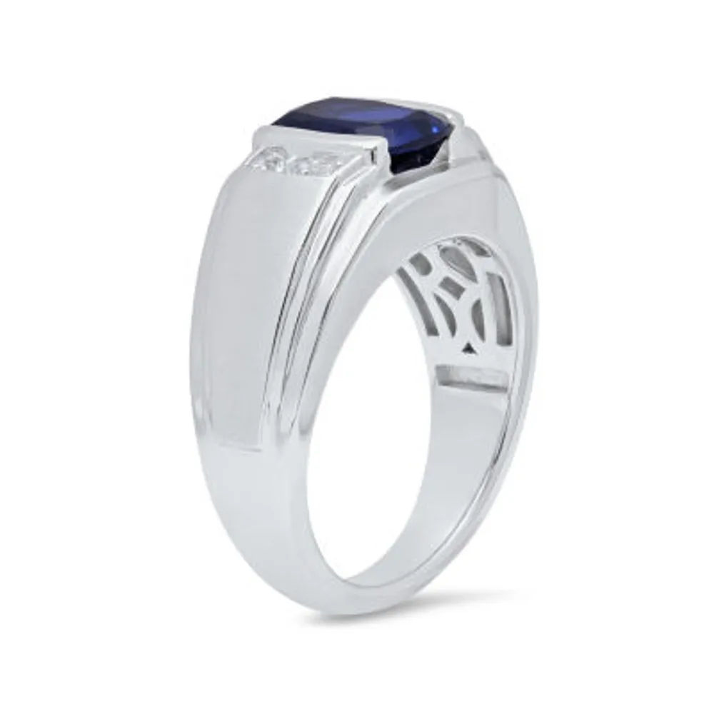 Mens Sterling Silver Lab Created Cushion Cut Blue Sapphire Ring