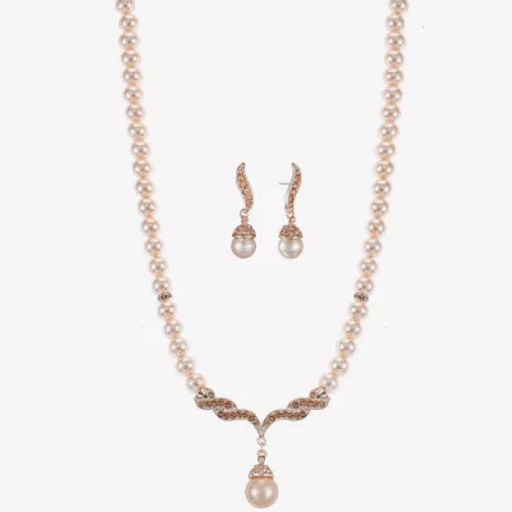 Monet Jewelry Collar Necklace And Drop Earring Glass Simulated Pearl Rose Tone 2-pc. Jewelry Set