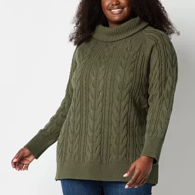 St. John's Bay Plus Womens Turtleneck Long Sleeve Cable Knit Pullover Sweater