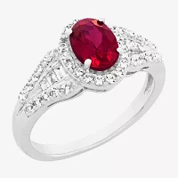 Womens Lab Created Red Ruby Sterling Silver Oval Halo Side Stone Cocktail Ring